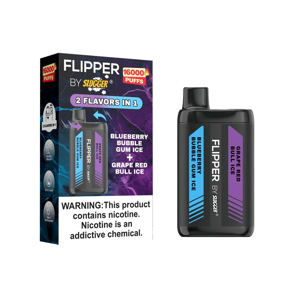 Flipper 16000 Puffs Disposable by Slugger Blueberry Bubble Gum Ice + Grape Red Bull Ice